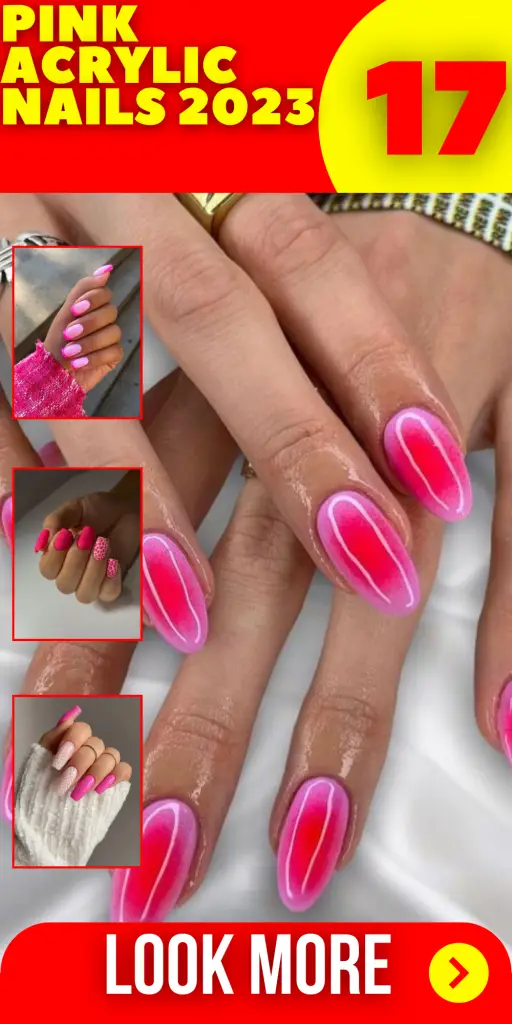 Hot Pink Acrylic Nails Shine with Rhinestones and Glitter - Glossy and Sparkly Designs
