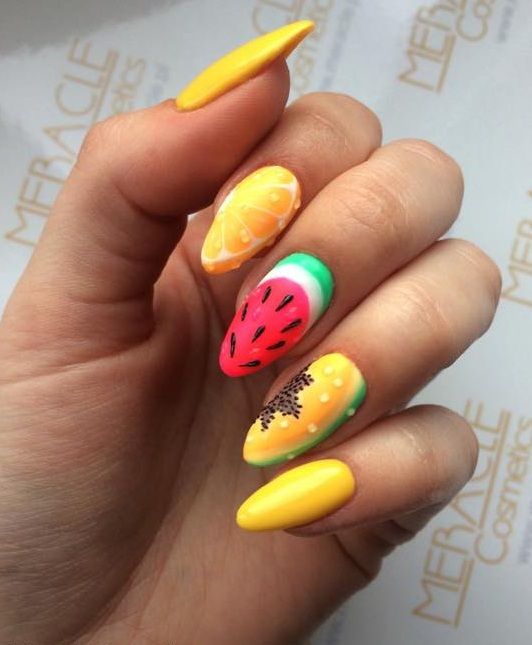 Summer 2023 Acrylic Nails Trends: Cute Almond Shapes Long and Short in Pink, Blue, Green, and Ombre