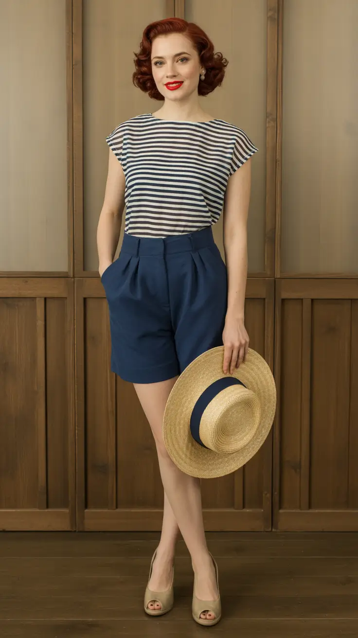 retro vintage summer outfits 2026 Soft Riviera Mornings in Stripes and Tailored Shorts
