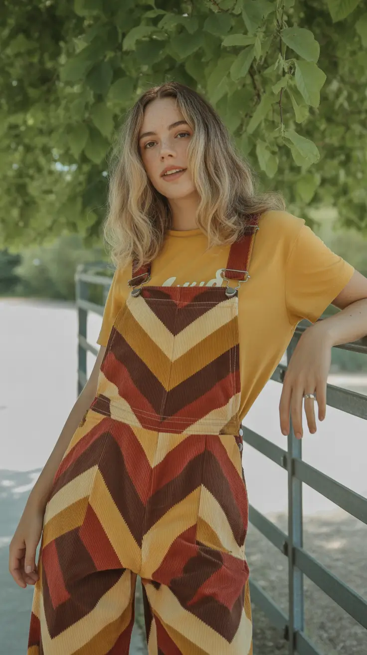 retro vintage summer outfits 2026 Retro Overalls with Warm-Toned Geometry