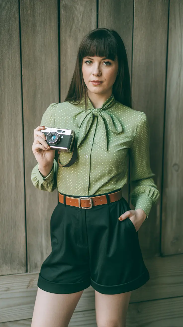 retro vintage summer outfits 2026 Polished Retro Femininity with a Tie-Neck Blouse