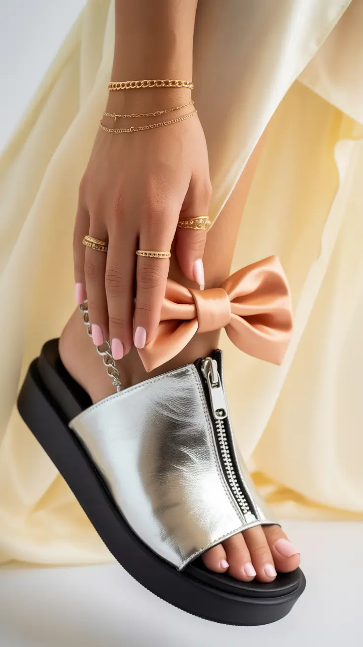 summer flip flops for women Futuristic Silver Platform Slides With Statement Accessories