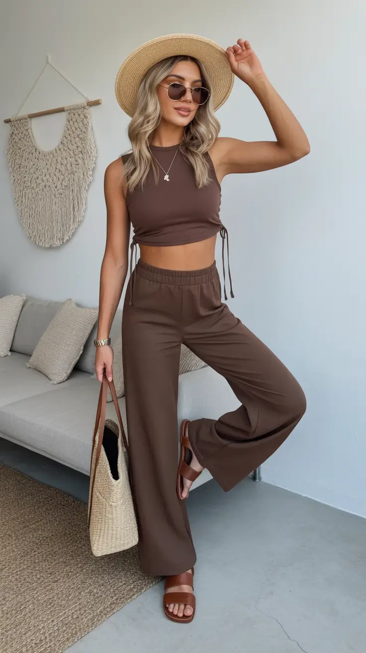 summer outfits with sandals for women 2026 Chocolate Monochrome Lounge Set With Minimal Slides