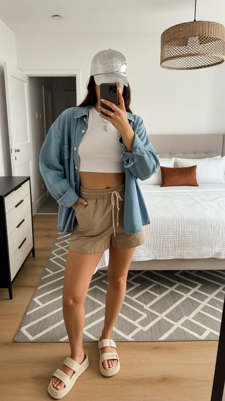 summer outfits with sandals for women 2026 Sporty At-Home Layers With Neutral Comfort Slides