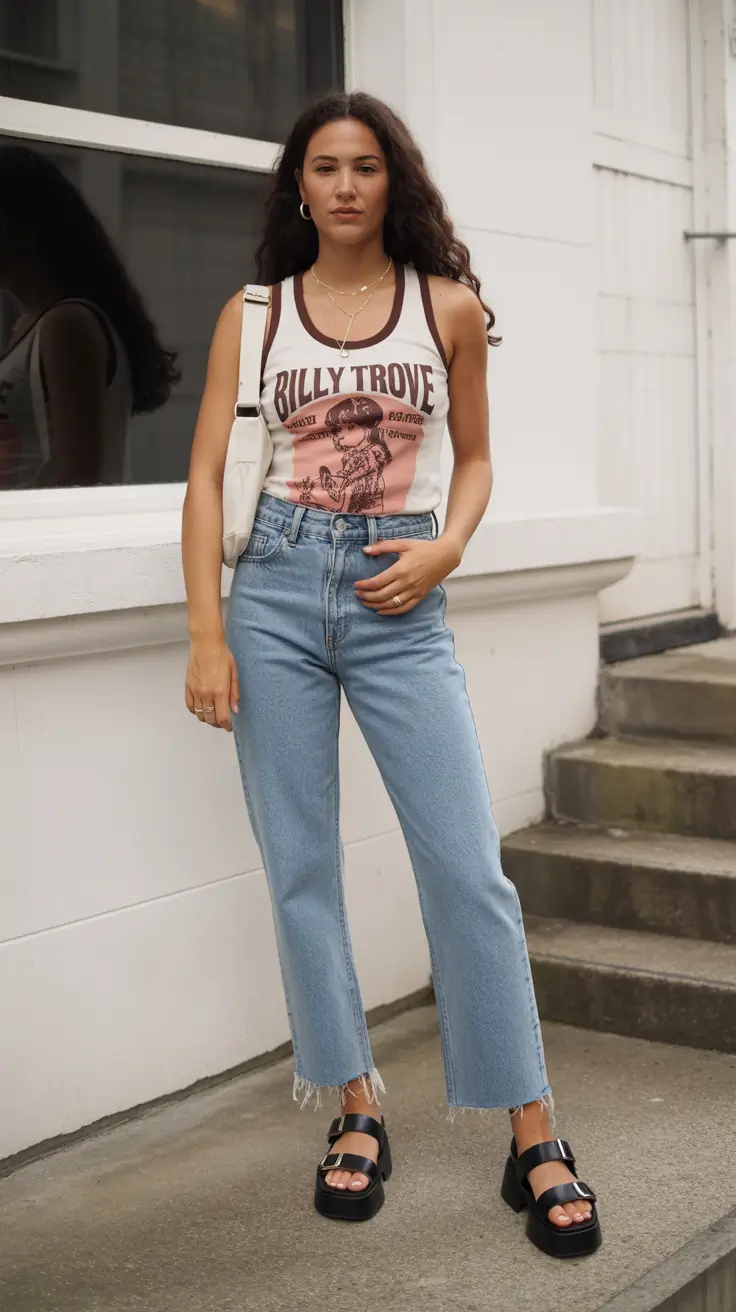 summer outfits with sandals for women 2026 Retro Graphic Tank With Cropped Jeans And Platform Sandals