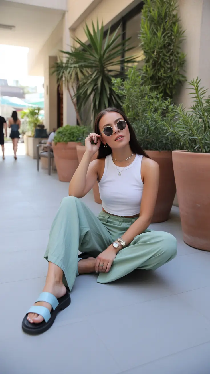 summer outfits with sandals for women 2026 Minimal City Chic With Soft Pastel Sandals