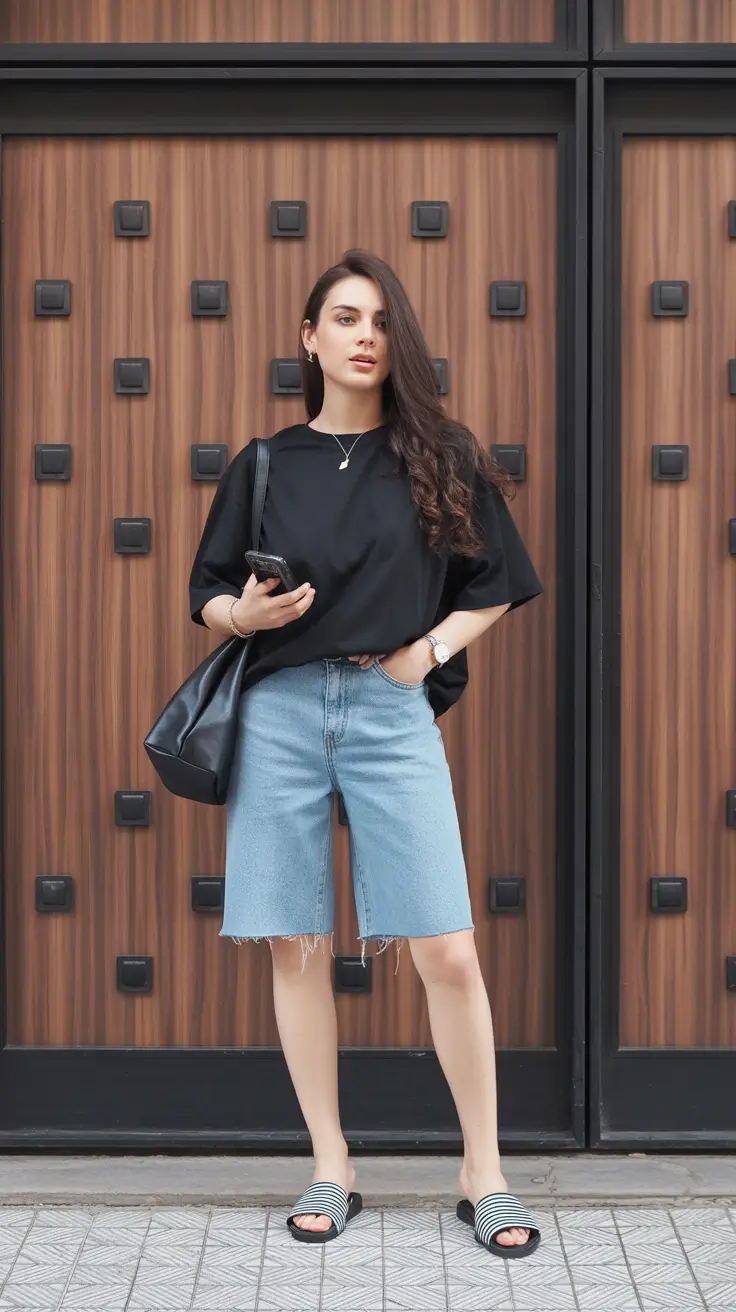 summer outfits with sandals for women 2026 Relaxed Denim Bermuda Shorts With Sporty Striped Slides