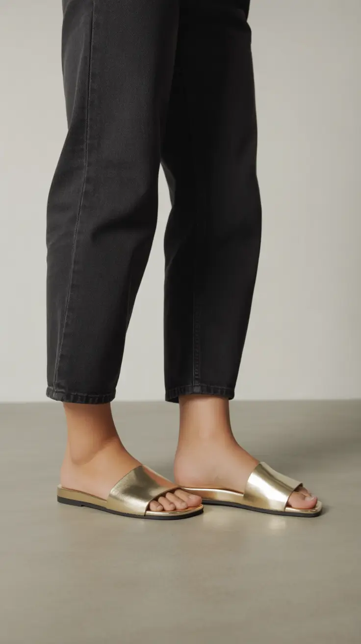 summer outfits with sandals for women 2026 Minimal Gold Slides With Tailored Urban Denim