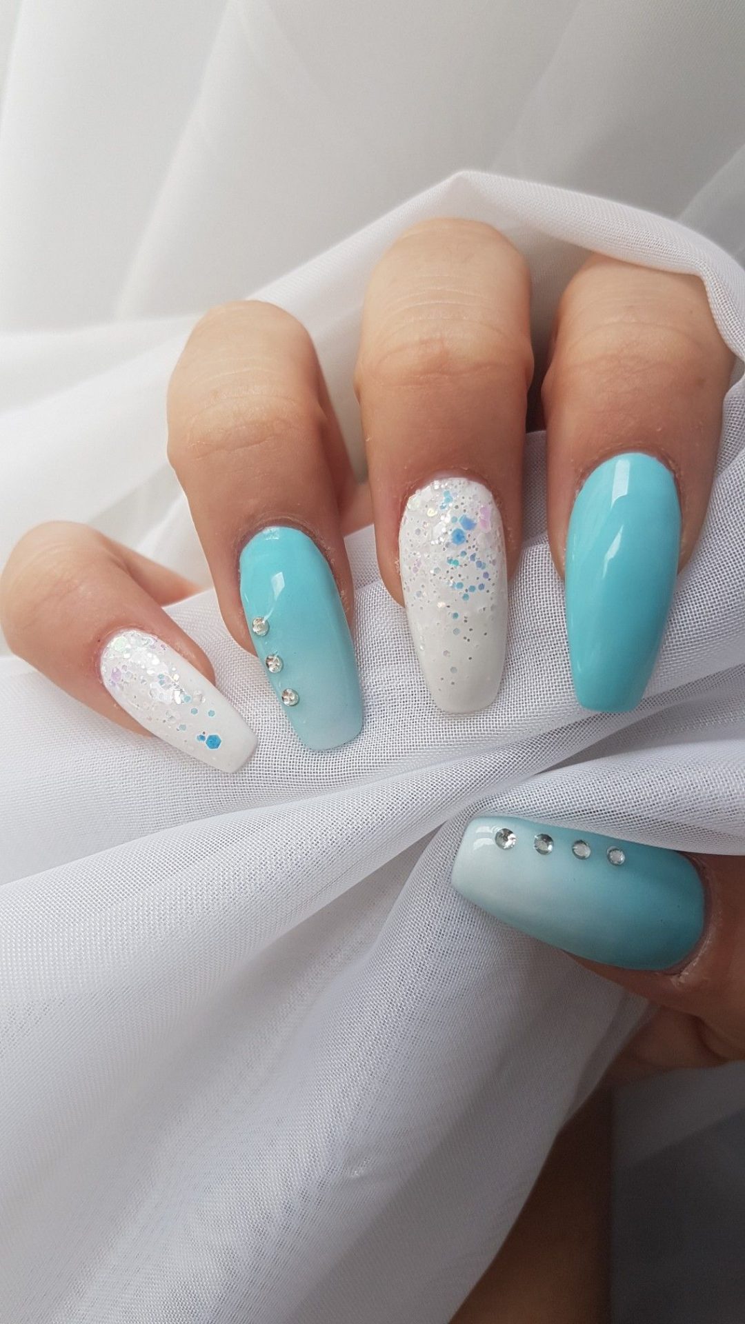 Nails Nailart Blue And White Glitter Rhinestones Ombre Airbrush Summer Naildesign 