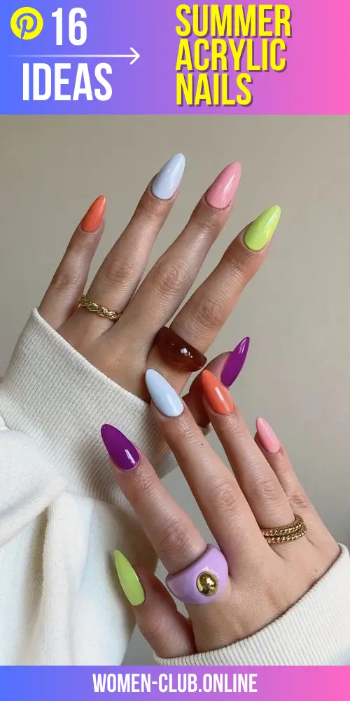 Summer 2023 Acrylic Nails Trends: Cute Almond Shapes Long and Short in Pink, Blue, Green, and Ombre