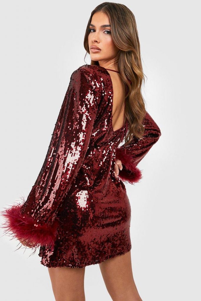 Womens Sequin Feather Cuff Shift Party Dress Red 10 683x1024 