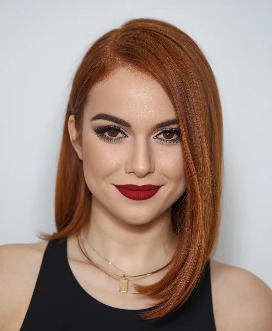 bob haircuts - summer ideas 2025 Coppery Sleek Lob for Statement Redheads