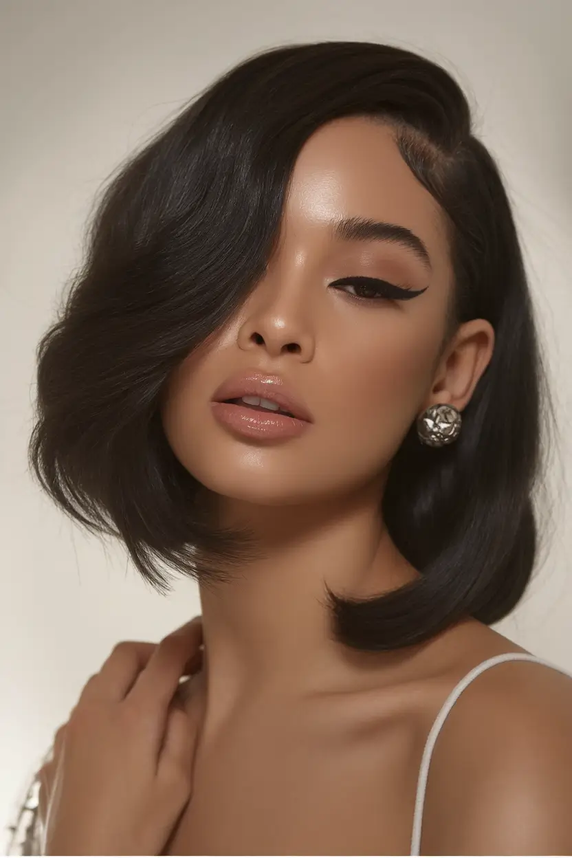 bob haircuts - summer ideas 2025 Glossy Deep Side-Parted Bob with Retro Energy