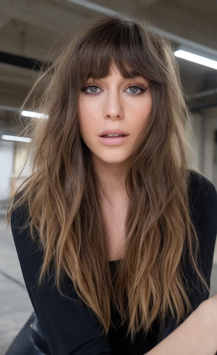 Beautiful Brown Hair Colors to Try This Summer 2025+Bronde Shag with Airy Bangs