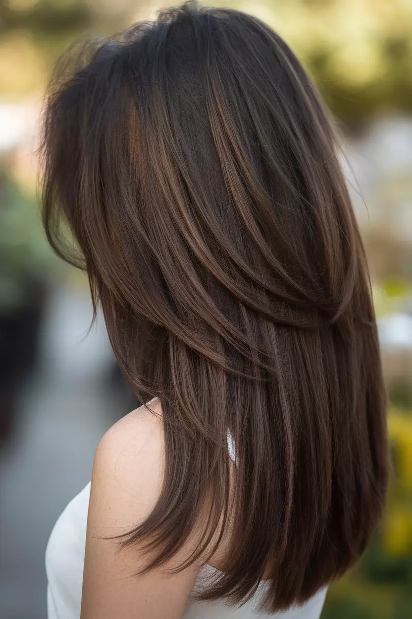 Beautiful Brown Hair Colors to Try This Summer 2025+Feathered Layers in Warm Brunette
