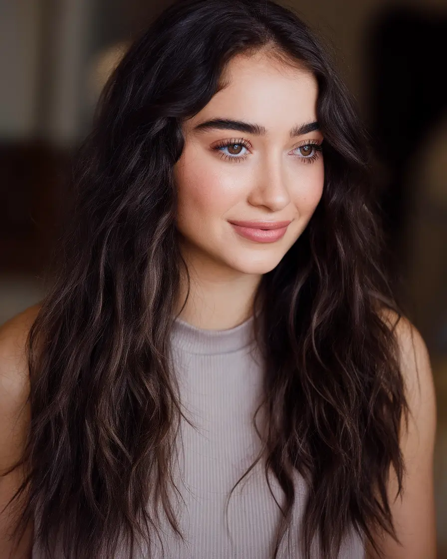 Beautiful Brown Hair Colors to Try This Summer 2025+Velvety Soft Black-Brown Waves