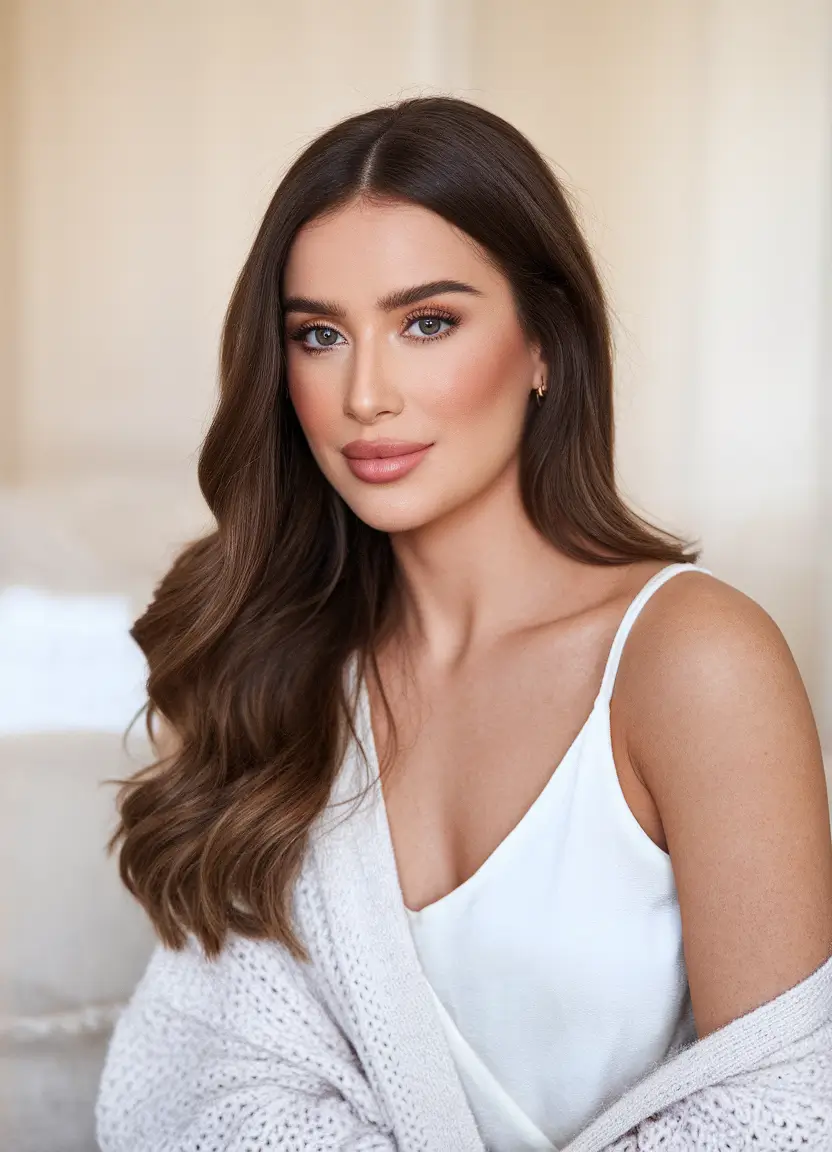 Chic Brunette Hair Ideas for Your Summer 2025 Look Soft Glam Brunette with Side Sweep