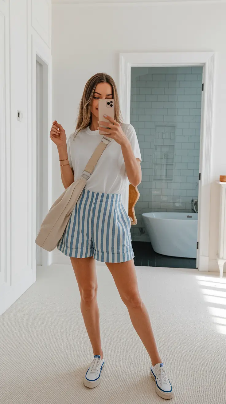 summer girls outfits ideas 2025 Sporty-Cute Stripes and White Sneakers