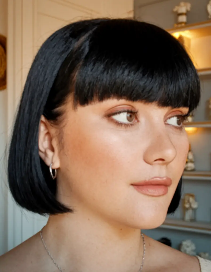 haircuts for round faces Minimalist Bob with Blunt Micro Bangs