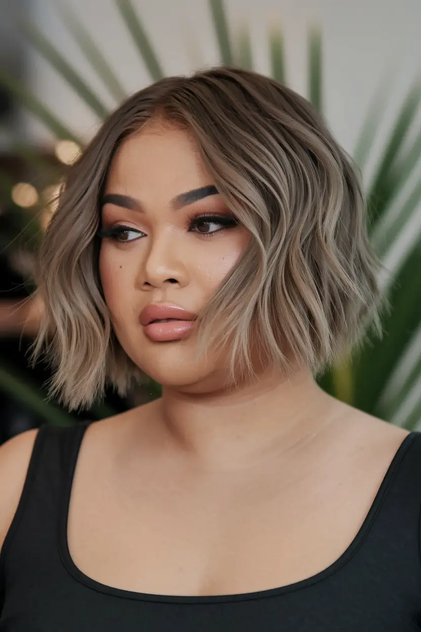 haircuts for round faces Wavy Blonde Lob with Shadow Roots
