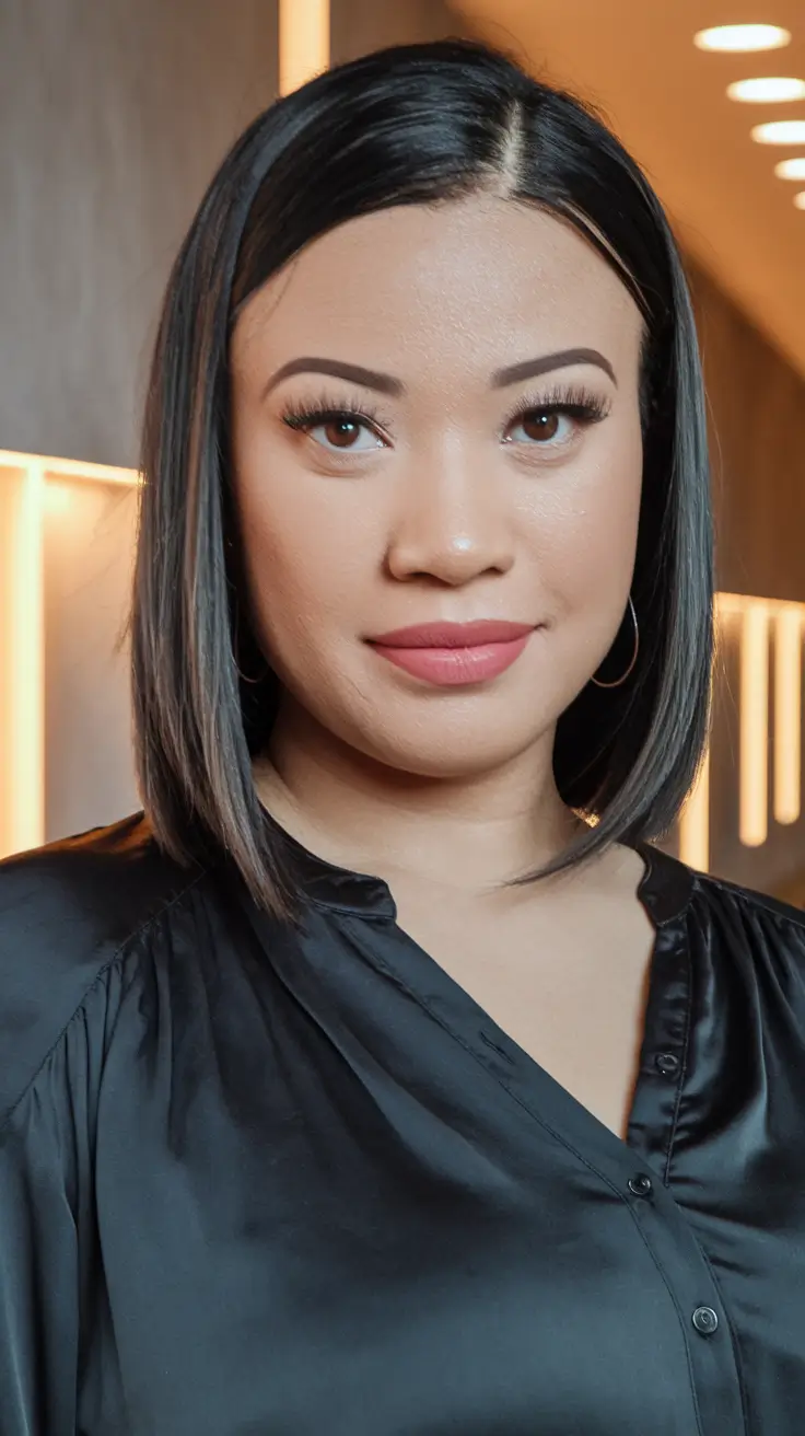 haircuts for round faces Sharp Blunt Bob with a Glass Finish