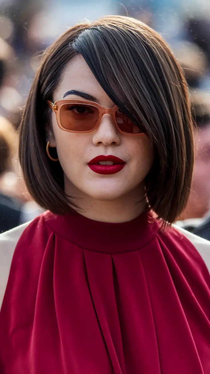 haircuts for round faces Deep Side Part Bob with Tucked Ends