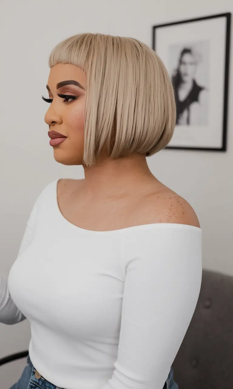 haircuts for round faces Micro Bang Bob in Cool Platinum Blonde