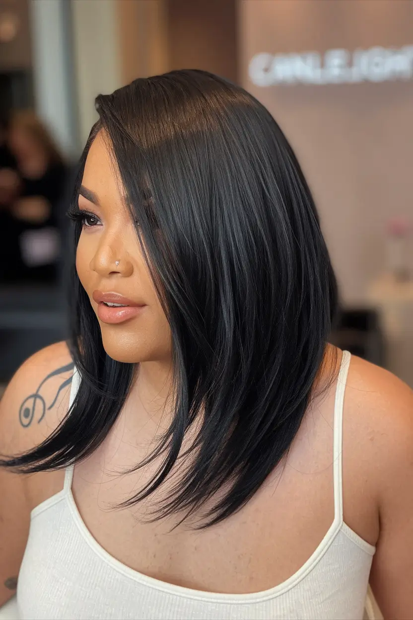 Flattering Haircuts for Round Faces - Summer Looks 2025 Angled Sleek Lob with Deep Side Part