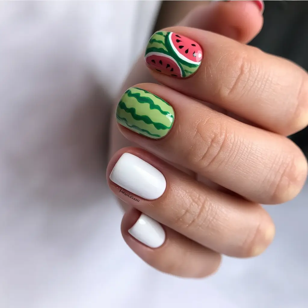 beach nails ideas 2025 Watermelon Tips with Crisp White Contrast