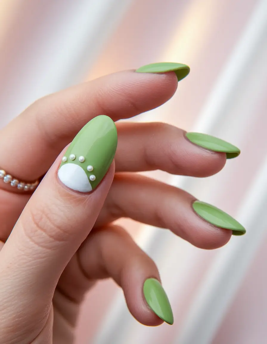 beach nails ideas 2025 Soft Green with Pearl Accent