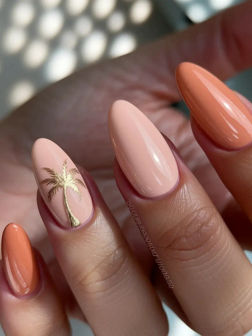 beach nails ideas 2025 Peachy Nude with Golden Palm