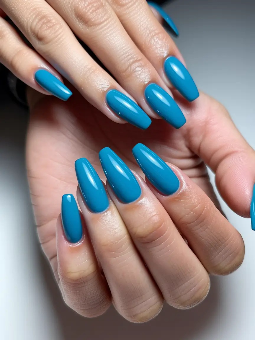 beach nails ideas 2025 Glossy Teal Acrylic Power