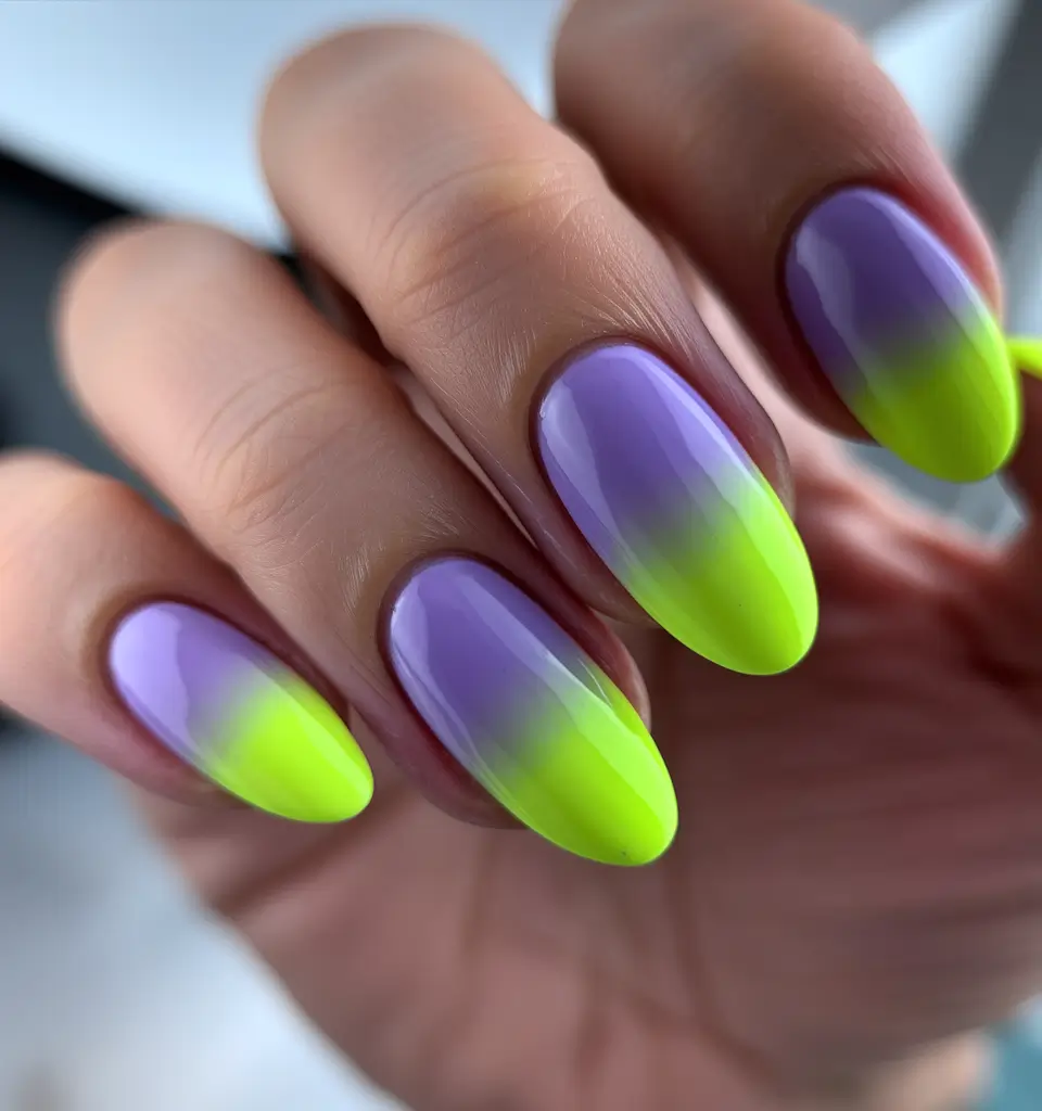 beach nails ideas 2025 Neon Citrus Fade with Lilac