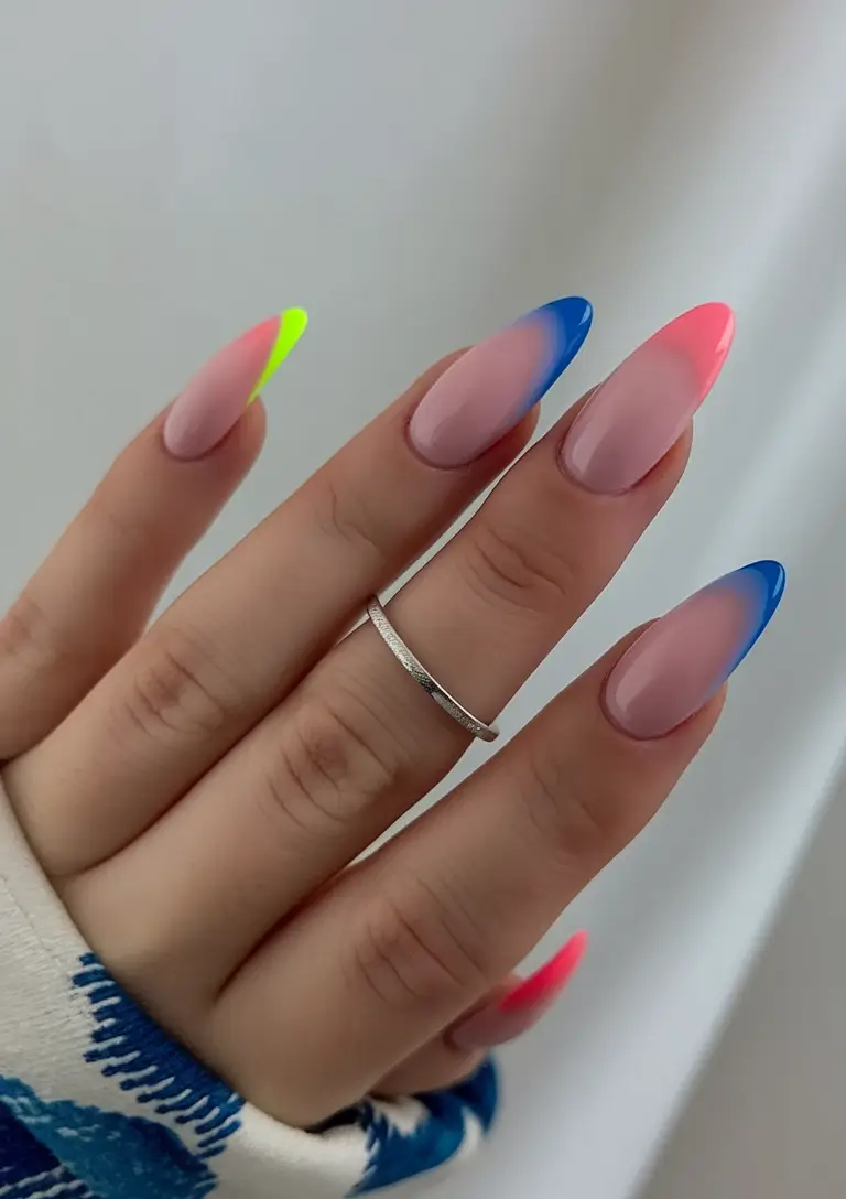beach nails ideas 2025 Multicolor Fluoro French Tips
