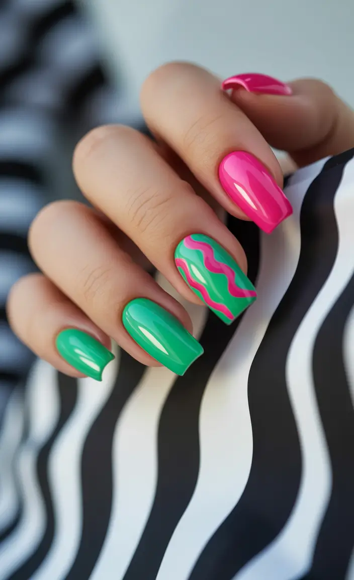 beach nails ideas 2025 Tropical Color Clash in Green and Fuchsia