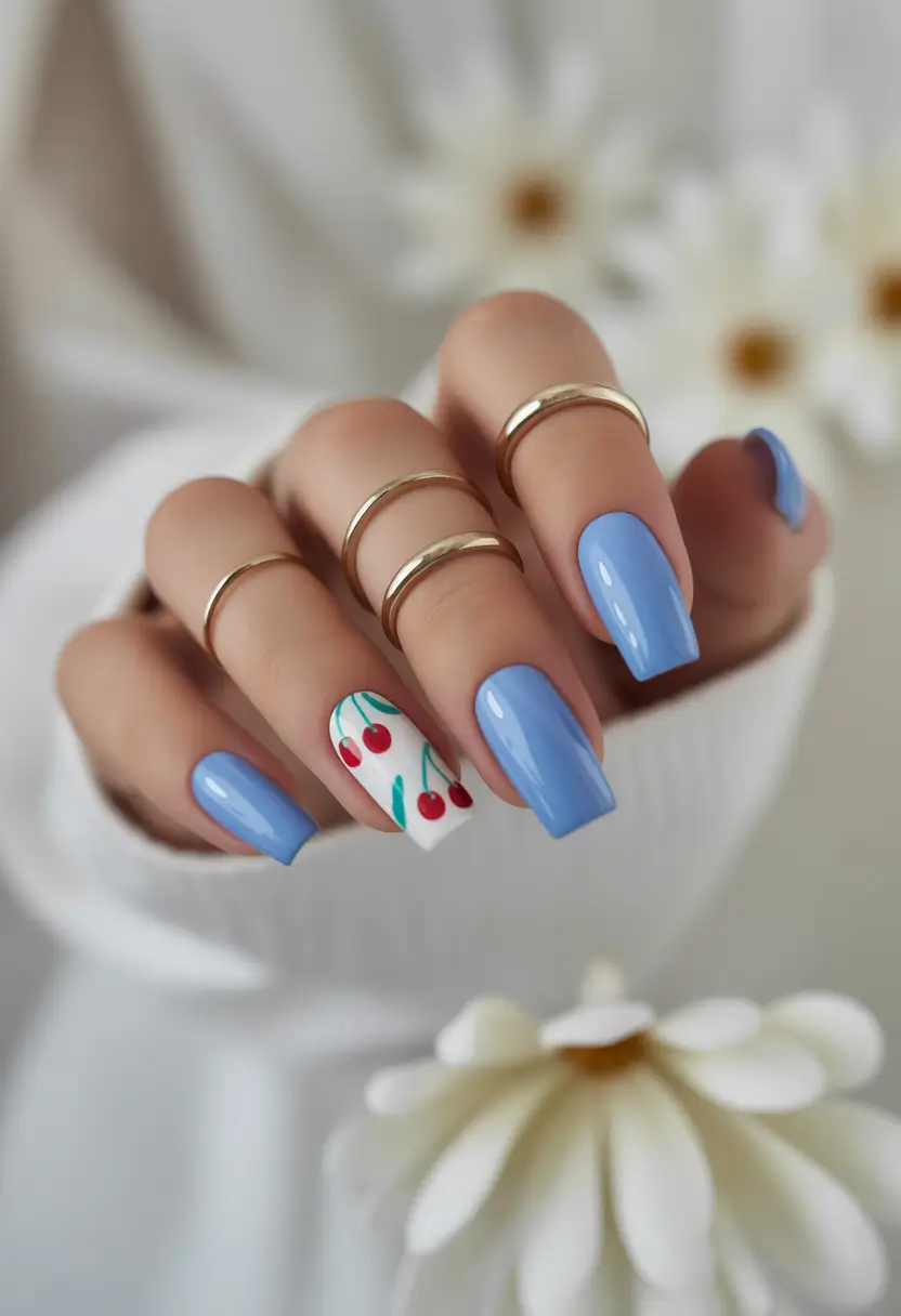 beach nails ideas 2025 Cherry Accent on Soft Blue