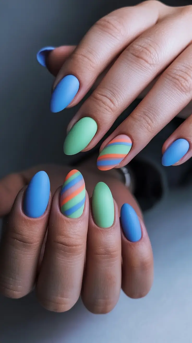 beach nails ideas 2025 Rainbow Matte on Almond Shapes