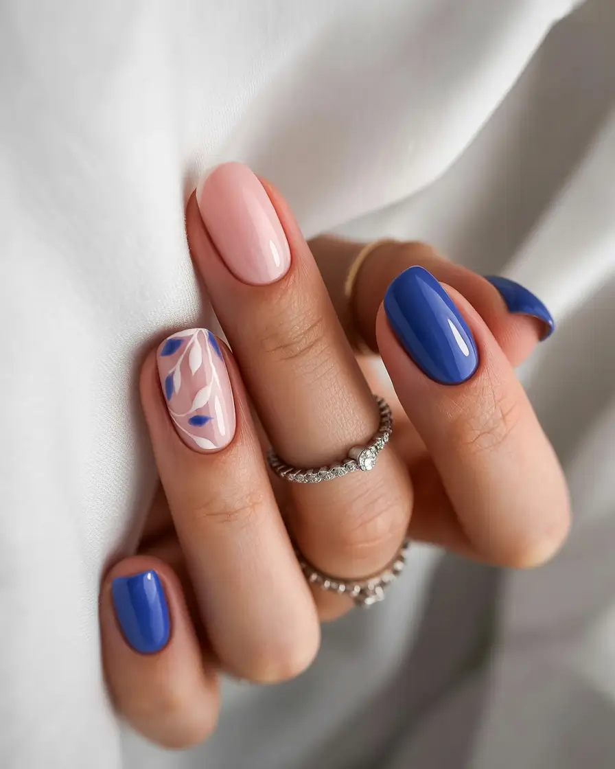 beach nails ideas 2025 Classic Blue Meets Soft Art