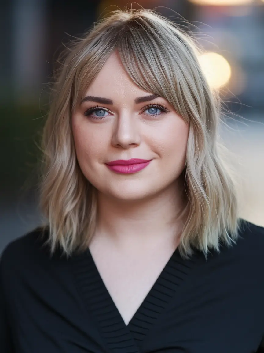 Best Haircuts for Chubby Faces - Face-Framing Styles Summer 2025 Soft Blonde Waves with Wispy Curtain Bangs