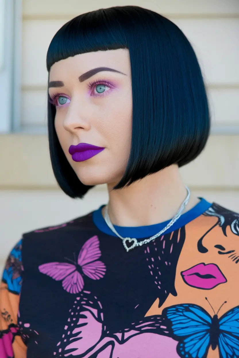 summer bob hairstyles bangs Electric Ink Bob with Bold Micro Fringe