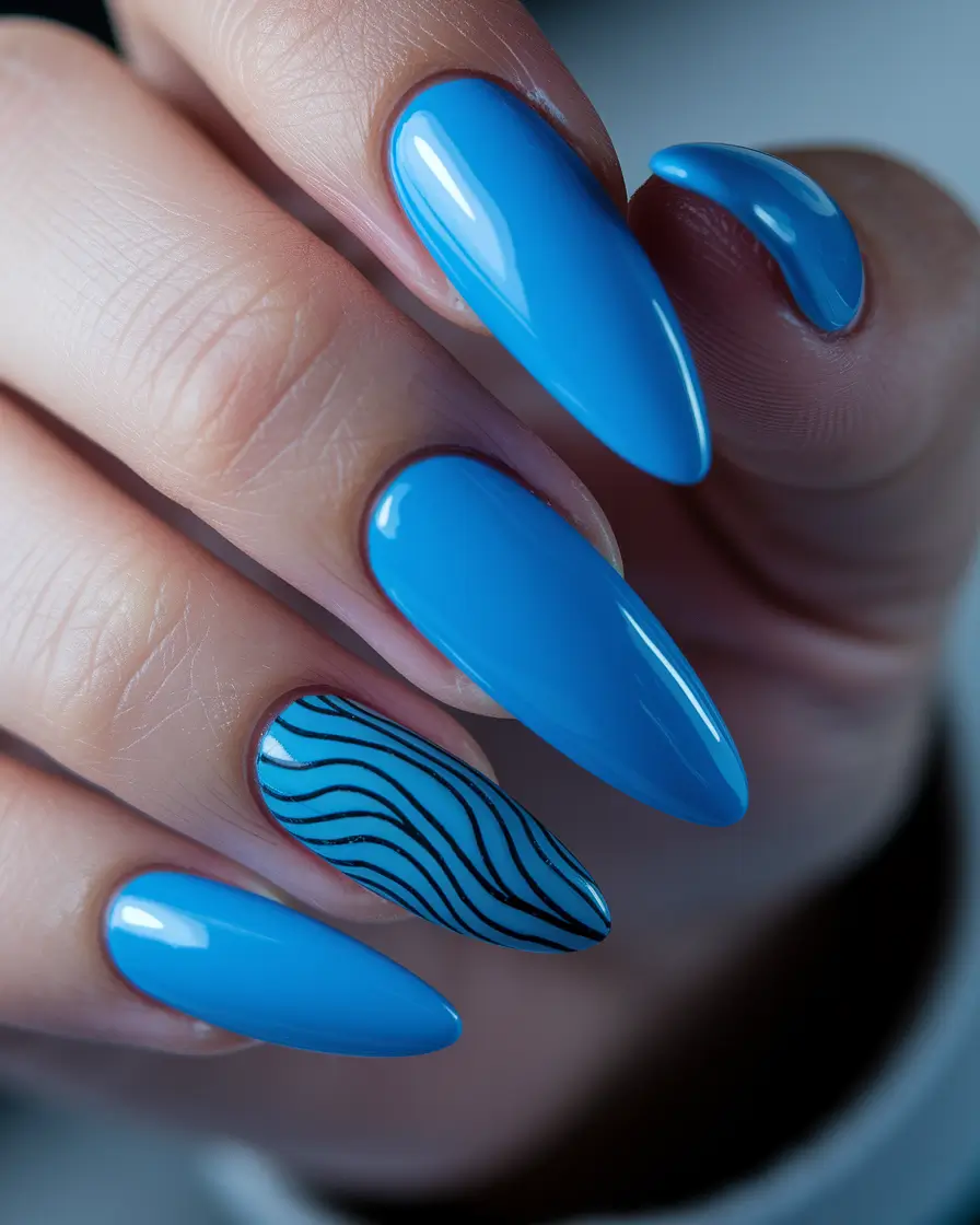 blue nails summer almond Bright Sky Blue with Minimalist Waves