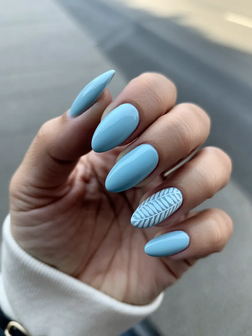 blue nails summer simple Minimal Leaf Motif on Dusty Blue