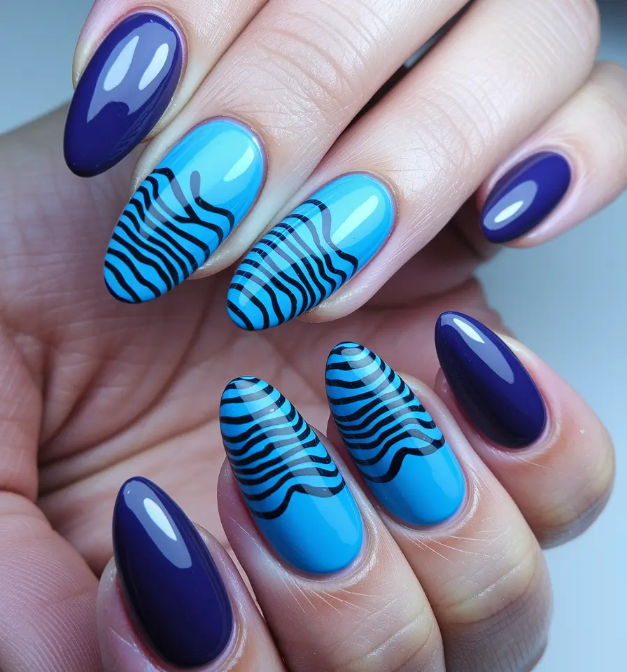 blue nails summer ideas Wavy Ocean Lines on Blue Gradient