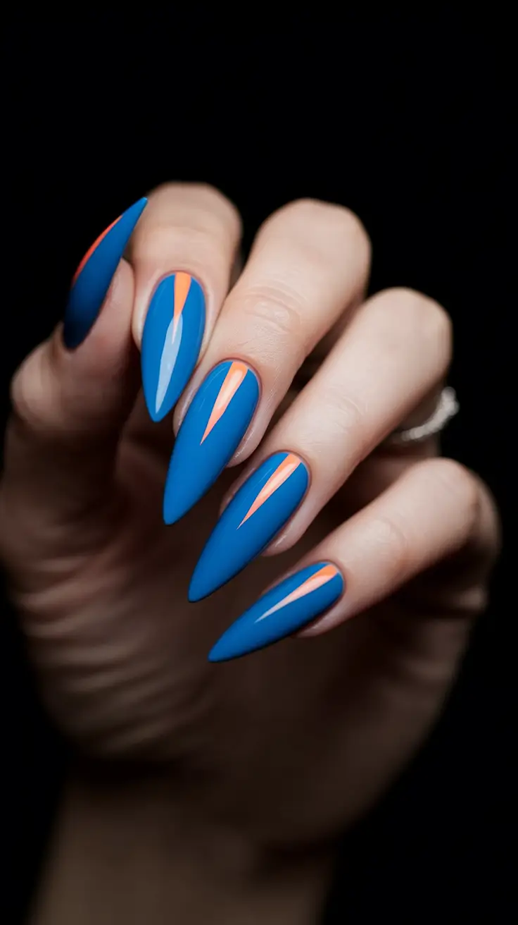 blue nails summer french Sharp Flame Orange Accents on Matte Blue