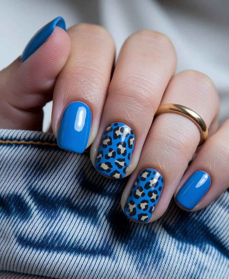 blue nails summer short Glossy Blue Meets Leopard Edge