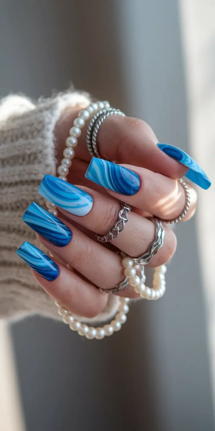 blue nails summer coffin Marbled Cool Blues on Coffin Tips