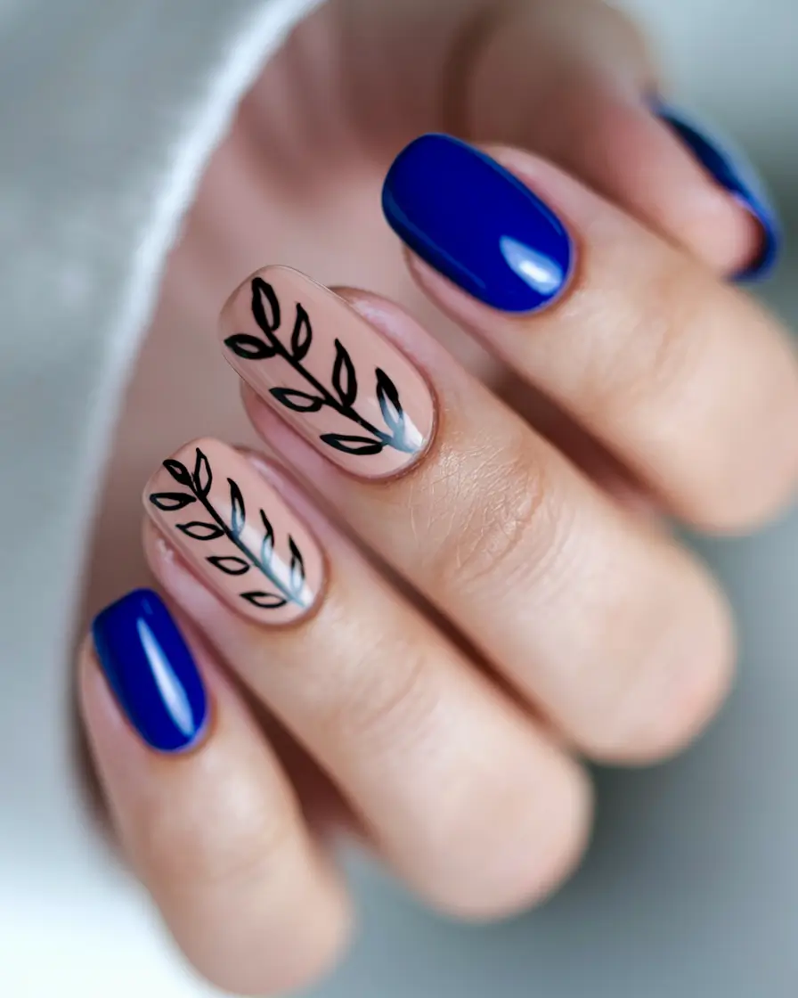 blue nails summer design Bold Black Botanical on Nude and Blue