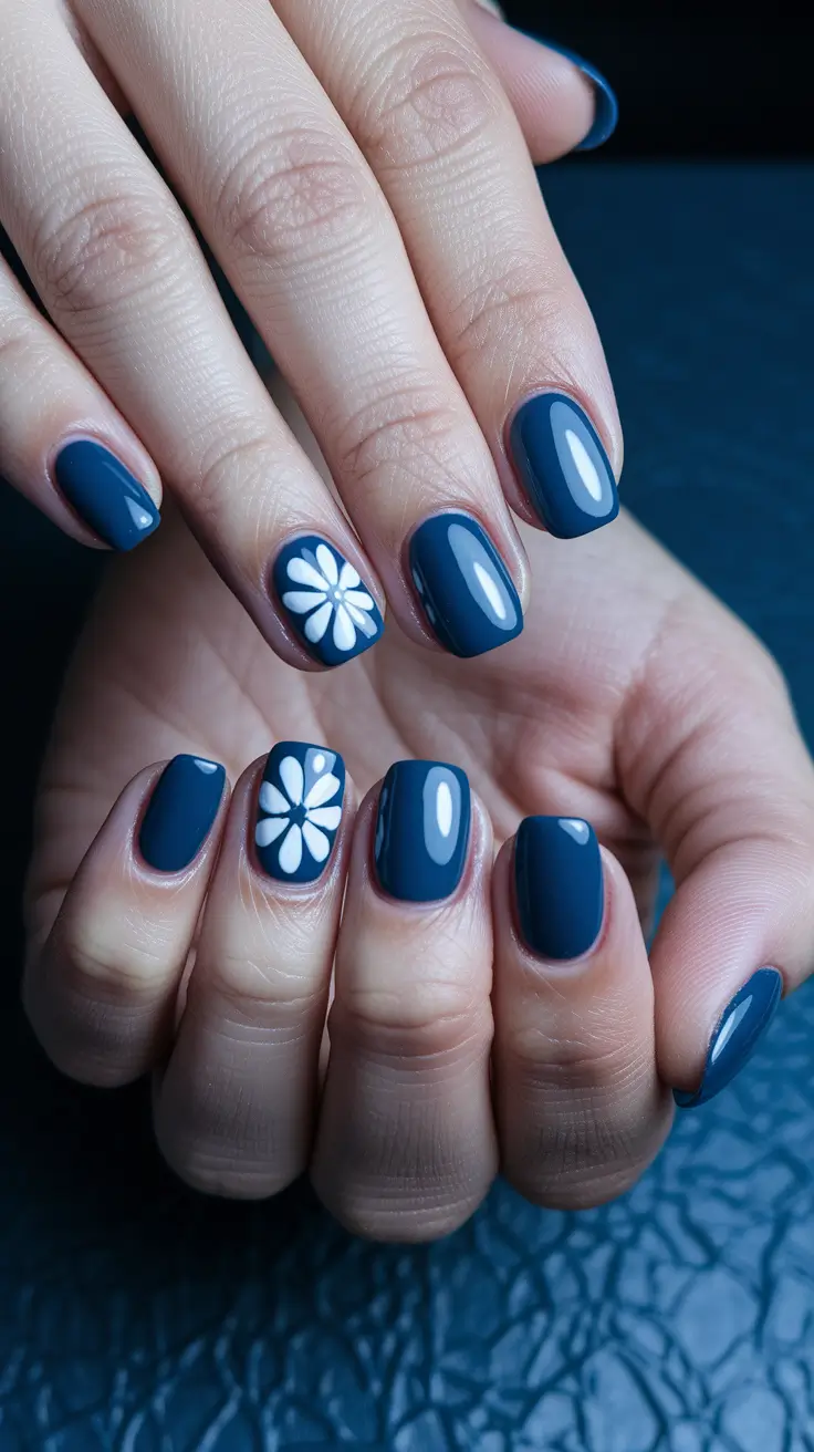 blue nails summer 2025 Midnight Floral on Glossy Navy