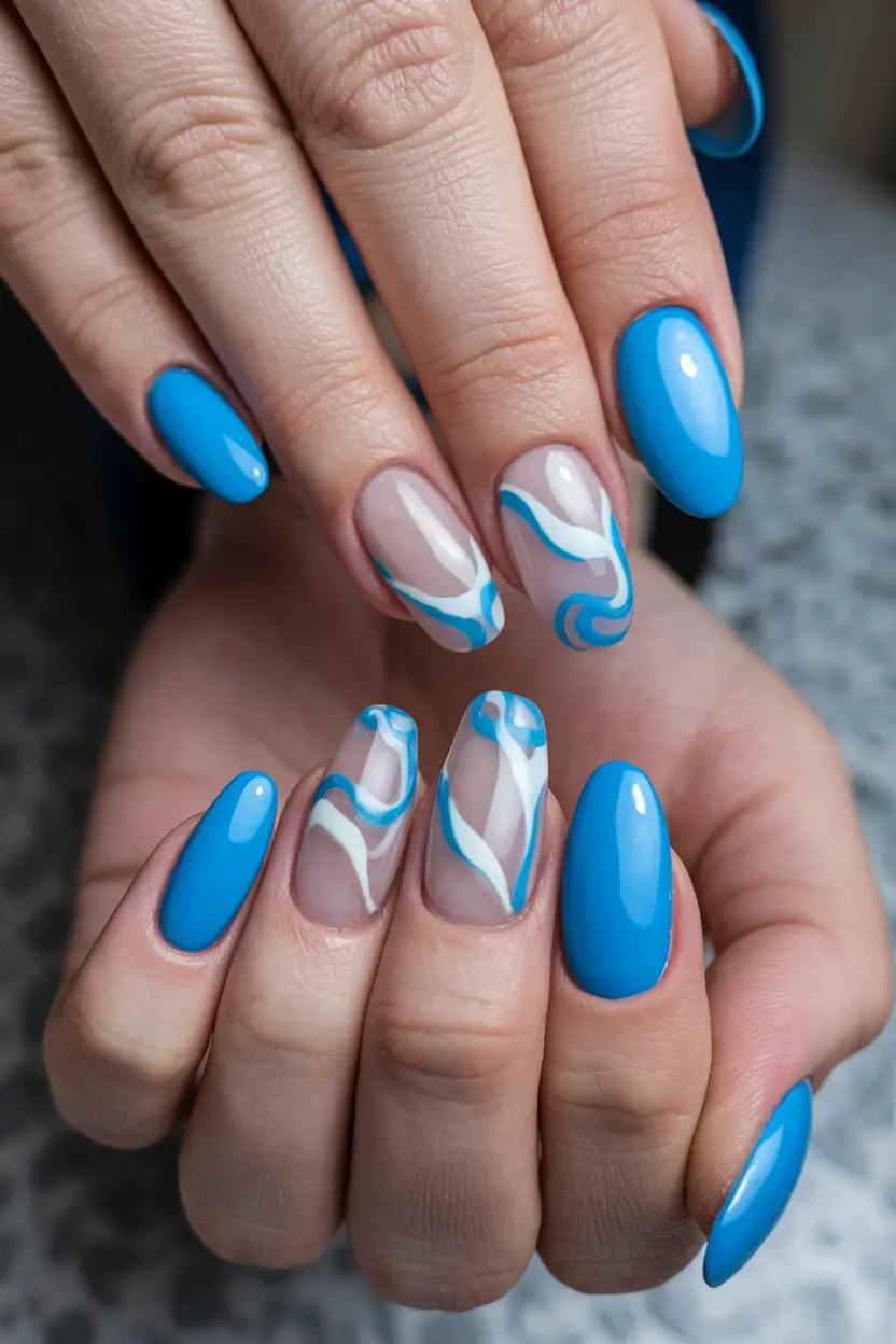 blue nails summer aesthetic Ocean Blues and Transparent Swirls
