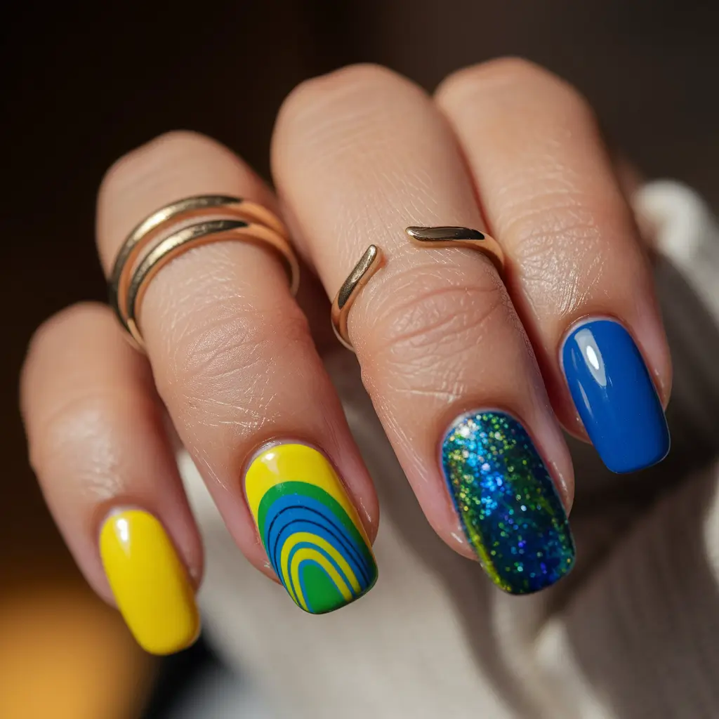blue nails summer ideas Retro Pop with Yellow and Green Energy